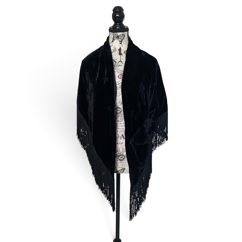 Velvet Fringe Shawl Women OS Black Wrap Cape Evening Scarf